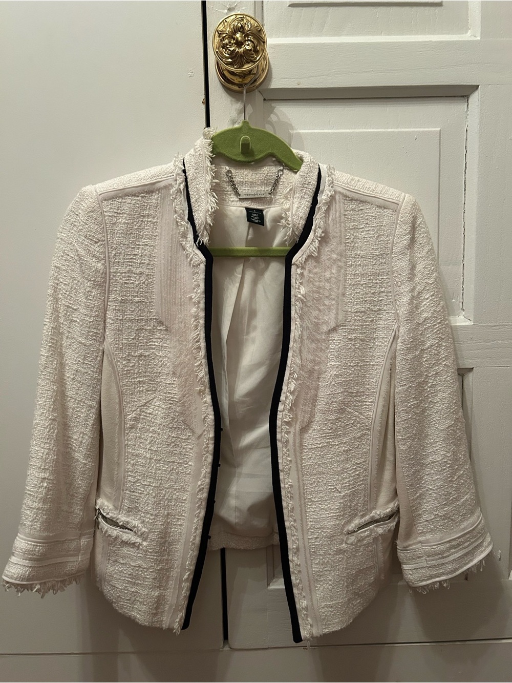 White House Black Market Cream Textured Open-Front Blazer with Black Trim
